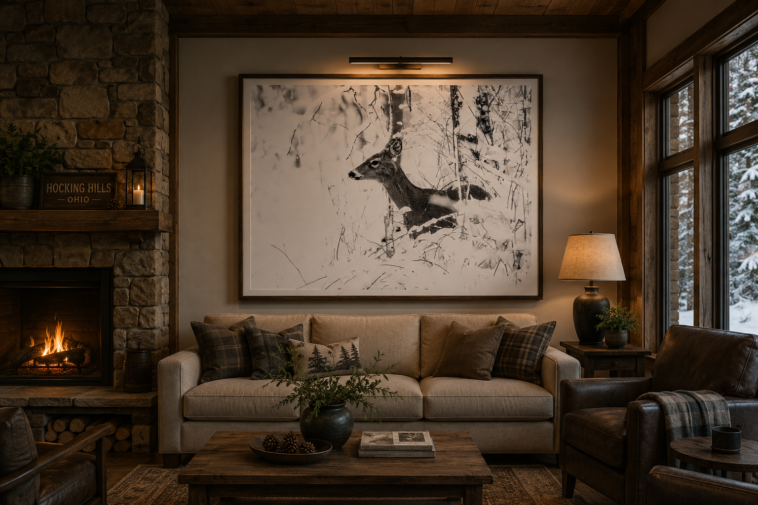 Winter deer photography in boutique lodge lobby mockup by Dan Sproul
